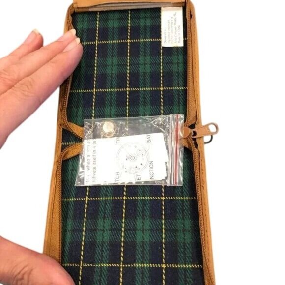 Dewars Travel Alarm Clock In Tan Leather Case With Zipper Closure Tartan - Picture 3 of 4